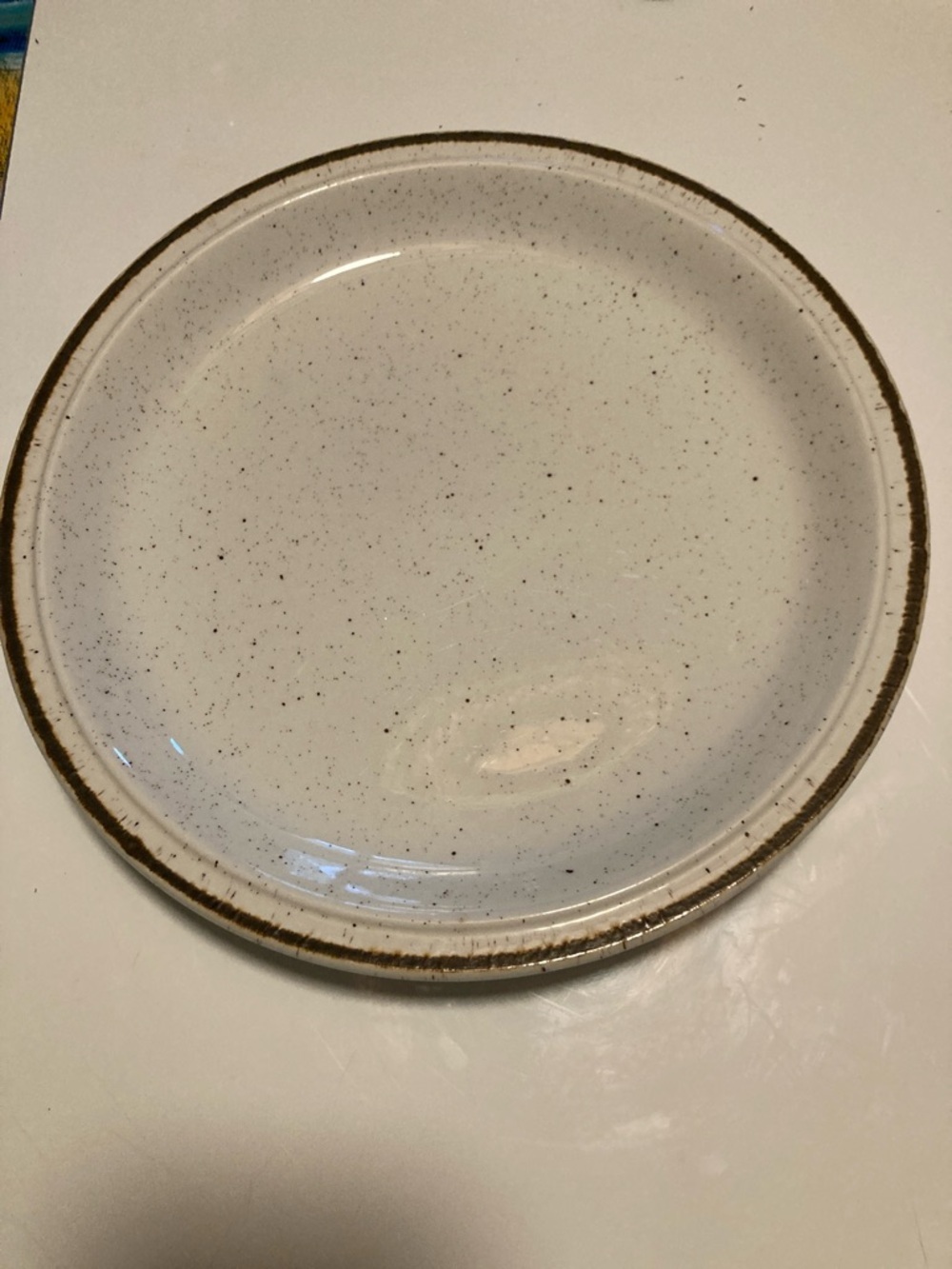 Vintage royal Tudor Speckled White Ceramic Dinner Plate with Brown Rim set of 2